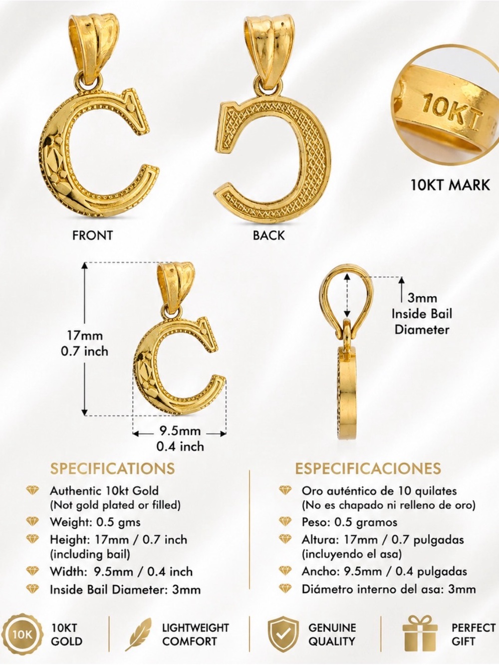 10KT Gold Letter C Pendant Charm - Women's Jewelry